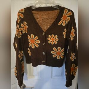 SHEIN Brown Floral Cardigan with Orange Accents Size M